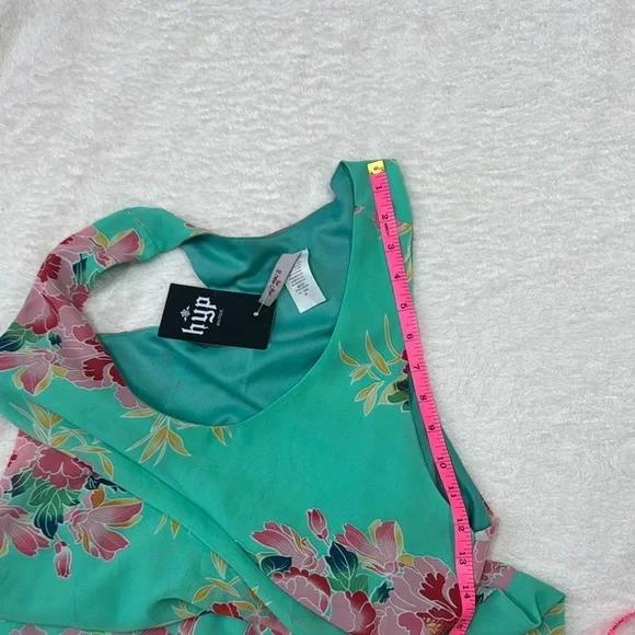 Green Floral Sleeveless Mini Summer Dress with White Fringe - Picture 4 of 6